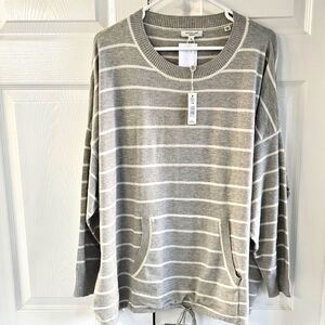 NWT Max Studio Soft Drawstring Sweater Grey/Off White Stripe 1X Plus